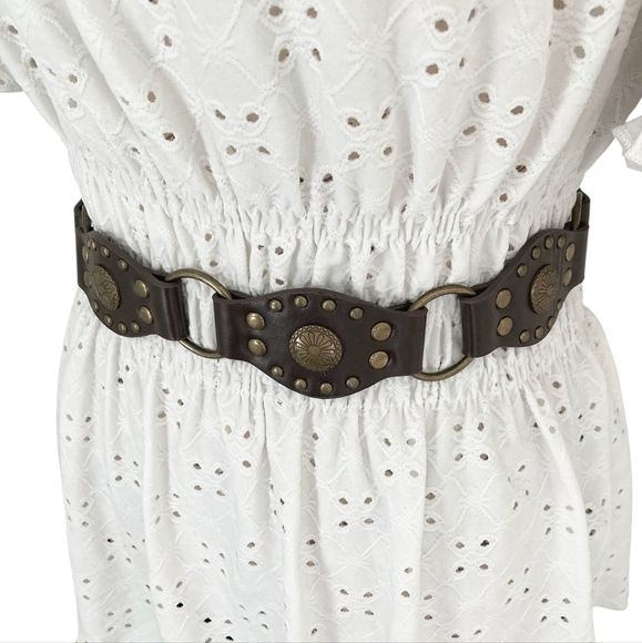 Western brown faux leather concho gold buckle Boho festival studded waist belt - Picture 6 of 15